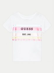 Guess T-Shirt A4YI03 K6YW4 Biały Regular Fit. Białe koszulki i t-shirty dziewczęce Guess, z aplikacjami, z bawełny, bez kołnierzyka, bez ramiączek. Za 49.99 zł.
