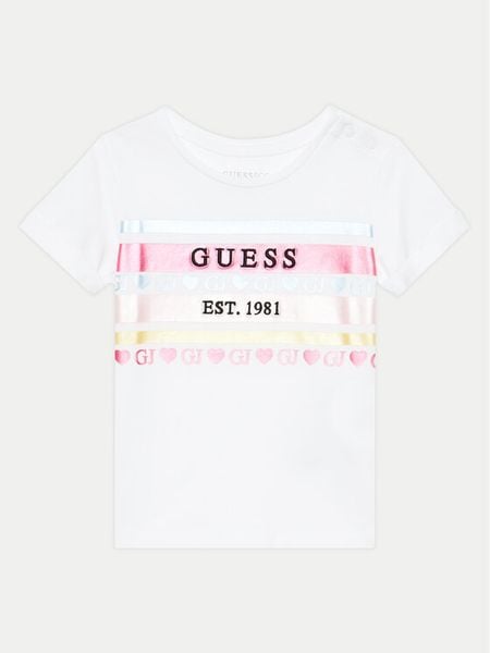 Guess T-Shirt A4YI03 K6YW4 Biały Regular Fit. Białe koszulki i t-shirty dziewczęce Guess, z aplikacjami, z bawełny, bez kołnierzyka, bez ramiączek. Za 59.99 zł.