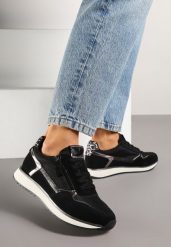 Czarne Sneakersy z Metalicznymi Wstawkami i Ozdobnym Suwakiem Alanatia. Czarne obuwie sportowe damskie Born2be, z jeansu, bez zapięcia. Za 129.99 zł.