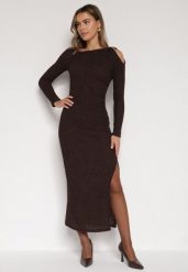 Brązowa Dopasowana Sukienka z Metaliczną Ozdobą na Ramieniu Reilara. Brązowe sukienki damskie Born2be, z aplikacjami, eleganckie, bez ramiączek. Za 129.99 zł.