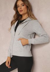 Jasnoszara Bluza z Kapturem Zapinana na Suwak Bastian. Szare bluzy damskie Renee, na jesień, l, bez wzorów, z polaru, z kapturem. Za 99.99 zł.