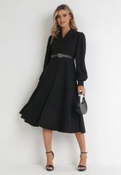 Czarna Sukienka Rozkloszowana z Paskiem Aidyn. Czarne sukienki damskie Born2be, bez wzorów, eleganckie, bez ramiączek. W wyprzedaży za 118.99 zł.