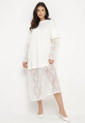 Biała Sukienka o T-shirtowym Kroju z Koronkowymi Wstawkami Janirienne. Białe sukienki damskie Born2be, bez wzorów, z koronki, eleganckie, bez ramiączek. Za 119.99 zł.