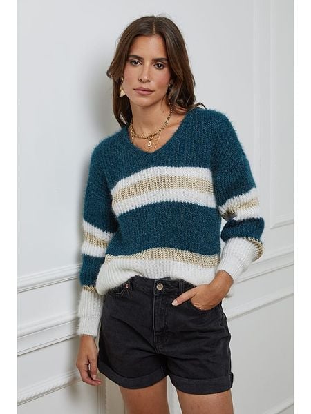 L'armoire de Suzette Sweter w kolorze morsko-białym rozmiar: 34/36. Niebieskie swetry klasyczne damskie L'armoire de Suzette, l, ze splotem, bez kołnierzyka. Za 135.49 zł.