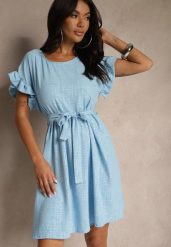 Jasnoniebieska Sukienka z Paskiem i Falbankami przy Rękawach Folunelle. Niebieskie sukienki damskie Renee, bez wzorów, eleganckie, bez ramiączek. Za 89.99 zł.