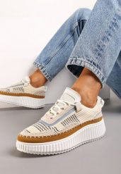 Beżowe Sznurowane Sneakersy na Tłoczonej Platformie Orasa. Brązowe obuwie sportowe damskie Born2be, z jeansu, bez zapięcia. Za 44.99 zł.