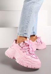 Różowe Sneakersy na Grubej Podeszwie z Ozdobnym Sznurowaniem przed Kostkę Mystarie. Czerwone obuwie sportowe damskie Born2be, przed kostkę, bez zapięcia. Za 99.99 zł.