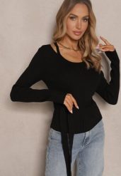 Czarny Wiskozowy Sweter Wiązany w Talii z Asymetrycznym Dekoltem Kornelita. Czarne swetry klasyczne damskie Renee, m, z jeansu, z asymetrycznym kołnierzem. Za 74.99 zł.
