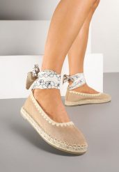 Ciemnobeżowe Espadryle ze Wzorzystym Wiązaniem Przy Kostce Zdobione Plecionką Lortevia. Brązowe espadryle damskie Renee, z aplikacjami, z zamszu, bez obcasa, na obcasie. Za 59.99 zł.
