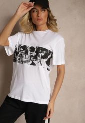 Biała Bawełniana Koszulka T-shirt z Nadrukiem Czaszki Lanavira. Białe bluzki damskie Renee, l, bez wzorów, z bawełny, bez kołnierzyka. Za 34.99 zł.