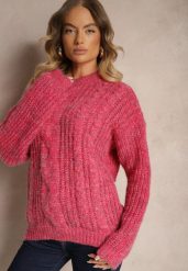 Różowy Sweter z Wełną Ozdobiony Tłoczeniem Ecrisevia. Czerwone swetry klasyczne damskie Renee, z jeansu, bez kołnierzyka. Za 69.99 zł.