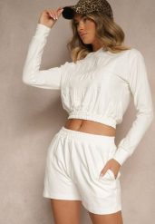 Biały Komplet z Bawełny w Sportowym Stylu Bluza z Kapturem i Szorty Izurea. Białe bluzy damskie Renee, na lato, bez wzorów, z bawełny, z kapturem. Za 89.99 zł.