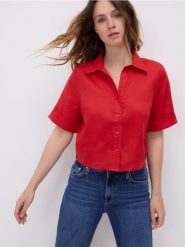 Lniana koszula - czerwony. Czerwone koszule damskie Reserved, l, bez wzorów, bez kołnierzyka, bez ramiączek. Za 129.99 zł.