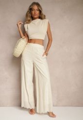Beżowe Bawełniane Haftowane Spodnie High Waist o Szerokim Kroju Milirelia. Brązowe spodnie materiałowe damskie Renee, z aplikacjami, z bawełny. Za 99.99 zł.