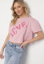 Różowy Bawełniany T-shirt Oversize o Krótkim Kroju z Napisem Sannelia. Czerwone t-shirty damskie Born2be, m, bez wzorów, z bawełny, bez kołnierzyka. Za 34.99 zł.