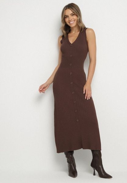 Brązowa Wiskozowa Sukienka o Taliowanym Kroju Bez Rękawów Zdobiona Guzikami Esinea. Brązowe sukienki damskie Born2be, z aplikacjami, z materiału, bez ramiączek. Za 129.99 zł.