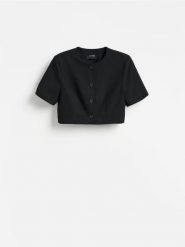Krótki żakiet - czarny. Czarne marynarki i żakiety damskie Reserved, l, bez wzorów, z tkaniny. Za 179.99 zł.