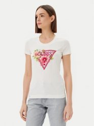 Guess T-Shirt W5GI10 J1314 Biały Slim Fit. Białe t-shirty damskie Guess, xl, z aplikacjami, z bawełny, bez kołnierzyka. Za 109.99 zł.