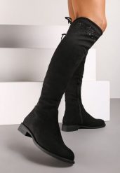 Czarne Kozaki Muszkieterki na Płaskiej Podeszwie Ozdobione Cyrkoniami i Sznurkiem Floralind. Czarne kozaki damskie Renee, z dzianiny, bez obcasa, na obcasie, bez zapięcia. Za 119.99 zł.