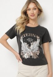 Czarny T-shirt z Bawełny z Nadrukiem Erenova. Czarne t-shirty damskie Born2be, m, bez wzorów, z bawełny, bez kołnierzyka. Za 39.99 zł.