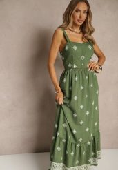 Zielona Sukienka z Wiskozą o Rozkloszowanym Kroju na Ramiączkach w Boho Print Leaella. Zielone sukienki damskie Renee, bez wzorów, z wiskozy, boho, bez ramiączek. W wyprzedaży za 91.99 zł.