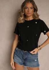 Czarny Bawełniany T-shirt z Motywem Serc Aramiraa. Czarne t-shirty damskie Renee, l, bez wzorów, z bawełny, bez kołnierzyka. Za 44.99 zł.
