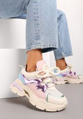 Beżowe Sneakersy na Grubej Podeszwie z Ozdobnymi Sznurówkami Robella. Brązowe obuwie sportowe damskie Born2be, ze splotem, bez zapięcia. Za 119.99 zł.