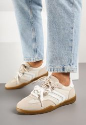 Beżowe Sneakersy Tenisówki z Geometrycznym Motywem Telanilia. Brązowe obuwie sportowe damskie Born2be, z jeansu, bez zapięcia, tenisowe. Za 89.99 zł.