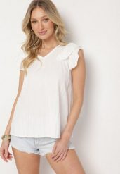 Biała Bluzka z Wiskozą Ozdobiona Falbankami Divestra. Białe bluzki damskie Born2be, s, bez wzorów, z jeansu, eleganckie, bez kołnierzyka, bez ramiączek. Za 49.99 zł.