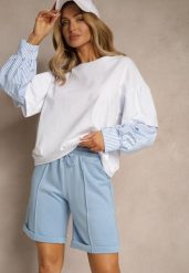 Jasnoniebieskie Casualowe Szorty High Waist z Kieszeniami Wykończone Gumką Shezetta. Niebieskie szorty damskie Renee, bez wzorów, z materiału, z podwyższonym stanem. Za 44.99 zł.