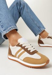 Beżowe Sneakersy Sznurowane z Perforacją Eirenthe. Brązowe obuwie sportowe casual damskie Born2be, bez zapięcia. Za 79.99 zł.