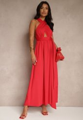 Czerwona Sukienka Koktajlowa Multiway z Wiskozą Wiązana na Szyi Lilovea. Czerwone sukienki damskie Renee, bez wzorów, z wiskozy, eleganckie, bez ramiączek. W wyprzedaży za 159.99 zł.