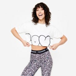 Koszulka fitness damska Domyos crop top loose. Koszulki sportowe damskie DOMYOS, l, bez wzorów, z bawełny, bez ramiączek, na fitness i siłownię. W wyprzedaży za 49.99 zł.