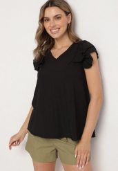 Czarna Bluzka z Wiskozą Ozdobiona Falbankami Divestra. Czarne bluzki damskie Born2be, s, bez wzorów, z jeansu, eleganckie, bez kołnierzyka, bez ramiączek. Za 54.99 zł.