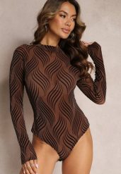 Brązowe Siateczkowe Body z Metaliczną Nitką i Welurowym Nadrukiem Vanbiga. Brązowe body i gorsety Renee, z aplikacjami, z tkaniny. Za 89.99 zł.
