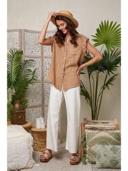 Lin Passion Lniana koszulka w kolorze jasnobrązowym rozmiar: 38/40. Brązowe bluzki damskie Lin Passion, bez wzorów, ze lnu, klasyczne, bez kołnierzyka, bez ramiączek. Za 121.99 zł.