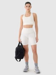 4F Legginsy kolarki treningowe damskie - białe S. Białe legginsy damskie 4F, s, bez wzorów, z dzianiny. W wyprzedaży za 79.99 zł.