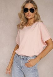 Różowy T-shirt Oversize o Przedłużonym Kroju Echinopa. Czerwone t-shirty damskie Renee, bez wzorów, z bawełny, bez kołnierzyka. Za 24.99 zł.