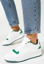 Biało-Zielone Sneakersy z Dekoracyjnymi Wstawkami i Perforacją na Nosku Septisa. Białe obuwie sportowe damskie Born2be, z bawełny, bez zapięcia. Za 69.99 zł.