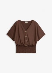 Koszulka z krepy o lekkiej fakturze. Brązowe bluzki damskie bonprix, bez wzorów, eleganckie, bez kołnierzyka, bez ramiączek. Za 102.99 zł.