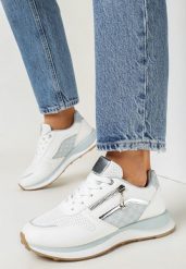 Biało-Niebieskie Sneakersy z Metaliczną Wstawką i Suwakiem Derica. Białe obuwie sportowe damskie Born2be, bez zapięcia. Za 79.99 zł.