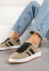 Beżowe Sneakersy na Niskiej Platformie z Naszywkami Flordexia. Brązowe obuwie sportowe damskie Renee, z jeansu, bez zapięcia. Za 69.99 zł.