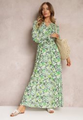 Zielona Wiskozowa Sukienka Maxi w Kwiaty z Gumką w Pasie i Kopertowym Dekoltem Elinne. Zielone sukienki damskie Renee, bez wzorów, z materiału, bez ramiączek. W wyprzedaży za 111.99 zł.