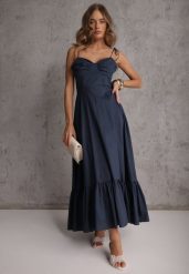 Granatowa Rozkloszowana Sukienka z Bawełny z Wiązanymi Ramiączkami Milistia. Niebieskie sukienki damskie Renee, bez wzorów, z bawełny, eleganckie, bez ramiączek. Za 159.99 zł.