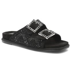 Czarne Klapki Laura Vita Eleganckie Błyszczące Obuwie Damskie. Czarne klapki damskie LAURA VITA, z aplikacjami, bez obcasa, na obcasie, bez zapięcia. Za 299.00 zł.