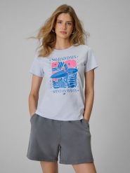 4F T-shirt regular z nadrukiem damski - niebieski M. Niebieskie t-shirty damskie 4F, m, bez wzorów, z bawełny, bez kołnierzyka. Za 59.99 zł.