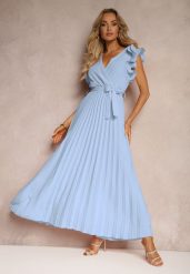 Niebieska Kopertowa Sukienka z Gumką w Pasie i Materiałowym Paskiem Ozdobiona Falbankami Tiamatalia. Niebieskie sukienki damskie Renee, bez wzorów, z materiału, eleganckie, bez ramiączek. W wyprzedaży za 119.99 zł.