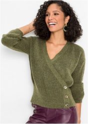 Sweter rozpinany z założeniem kopertowym. Zielone kardigany damskie bonprix, bez wzorów. Za 159.99 zł.