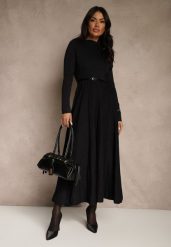 Czarna Dzianinowa Sukienka Rozkloszowana Longsleeve z Wiskozą i Paskiem Tusnira. Czarne sukienki damskie Renee, bez wzorów, z dzianiny, eleganckie, bez ramiączek. Za 169.99 zł.
