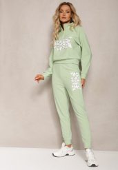 Jasnozielony Komplet z Napisem Bluza Krótka i Spodnie ze Ściągaczami Nimilia. Zielone bluzy damskie Renee, l, bez wzorów, bez kaptura. Za 69.99 zł.